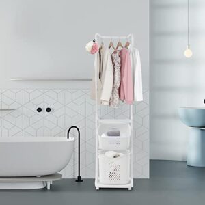 Laundry Cart with Wheels and Hanging Rack Rolling Laundry Basket with Clothes Rack Laundry Butler with Wire Storage Rack Coat Rack for Bedroom Hallway Laundry