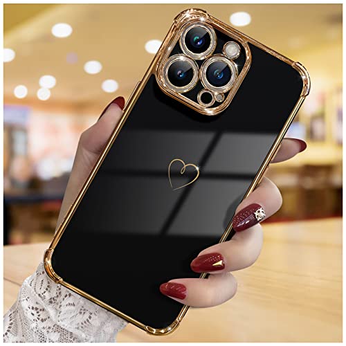 ICREEFUN for iPhone 14 Pro Case, Cute Love Heart Plating Luxury Phone Case for Women Girls, Full Camera Protection & Raised Corners Bumper Slim Shockproof Protective Phone Cover 6.1 Inch, Black