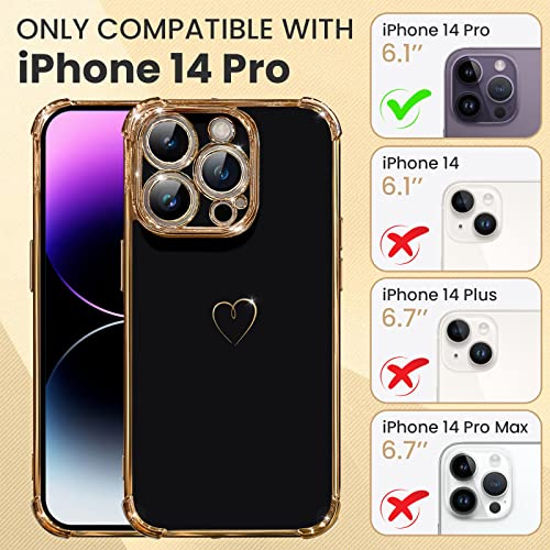 ICREEFUN for iPhone 14 Pro Case, Cute Love Heart Plating Luxury Phone Case for Women Girls, Full Camera Protection & Raised Corners Bumper Slim Shockproof Protective Phone Cover 6.1 Inch, Black