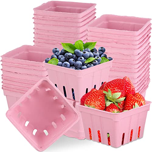 150 Pack Molded Pulp Fiber Berry Baskets, 4.3 x 4.3 x 3 Inch 1 Pint Produce Vented Containers Strawberry Fruit Baskets for Vegetable Food Farmer Market Grocery Stores, Pink