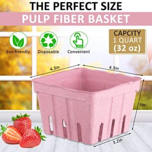 150 Pack Molded Pulp Fiber Berry Baskets, 4.3 x 4.3 x 3 Inch 1 Pint Produce Vented Containers Strawberry Fruit Baskets for Vegetable Food Farmer Market Grocery Stores, Pink