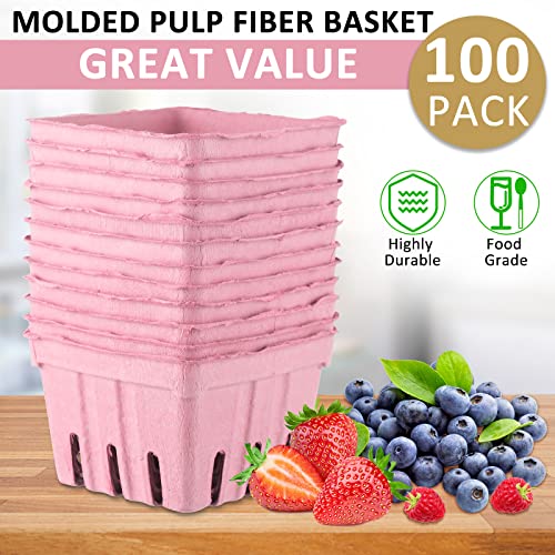 150 Pack Molded Pulp Fiber Berry Baskets, 4.3 x 4.3 x 3 Inch 1 Pint Produce Vented Containers Strawberry Fruit Baskets for Vegetable Food Farmer Market Grocery Stores, Pink