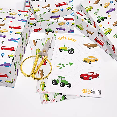 CENTRAL 23 Boys Birthday Wrapping Paper - 6 Sheets of Gift Wrap - Car Rocket Airplane Tractor Gifts - For Birthday Baby Shower - Recyclable