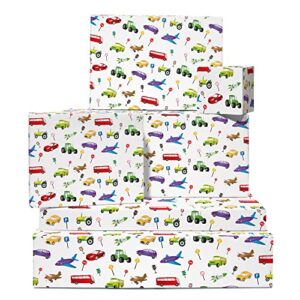 central 23 boys birthday wrapping paper - 6 sheets of gift wrap - car rocket airplane tractor gifts - for birthday baby shower - recyclable