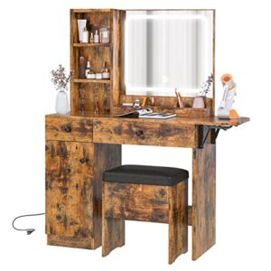 ironck vanity desk with led lighted mirror & power outlet, makeup table with drawers & cabinet,storage stool,for bedroom, vintage brown