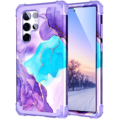 BQQFG for Galalxy S23 Ultra 5G Case,Marble Design Three Layer Heavy Duty Shockproof Hybrid Hard Plastic Bumper Soft Silicone Rubber Drop Protective Cover Case for Galaxy S23 Ultra 5G 6.8",Purple