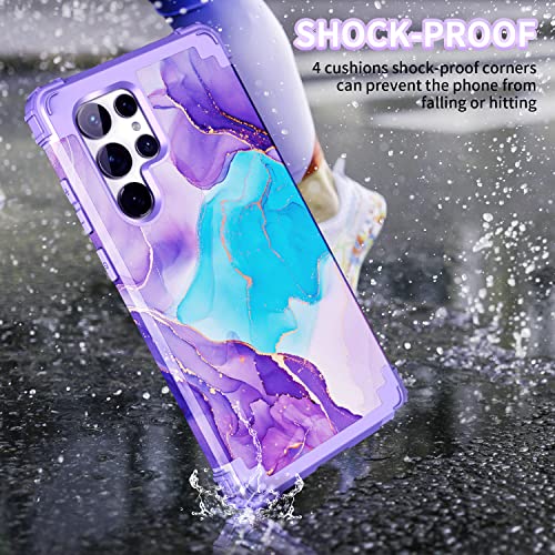 BQQFG for Galalxy S23 Ultra 5G Case,Marble Design Three Layer Heavy Duty Shockproof Hybrid Hard Plastic Bumper Soft Silicone Rubber Drop Protective Cover Case for Galaxy S23 Ultra 5G 6.8",Purple