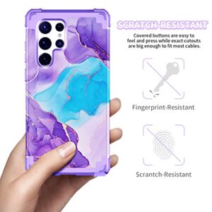 BQQFG for Galalxy S23 Ultra 5G Case,Marble Design Three Layer Heavy Duty Shockproof Hybrid Hard Plastic Bumper Soft Silicone Rubber Drop Protective Cover Case for Galaxy S23 Ultra 5G 6.8",Purple