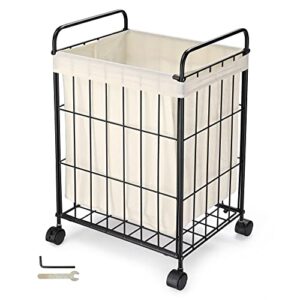 aquaterior laundry hamper basket with rolling lockable wheels clothes storage bin rolling cart industrial style small space for home bathroom 15.56"l x 11.81"w x 23.63"h