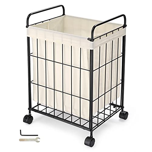 Aquaterior Laundry Hamper Basket with Rolling Lockable Wheels Clothes Storage Bin Rolling Cart Industrial Style Small Space for Home Bathroom 15.56"L x 11.81"W x 23.63"H