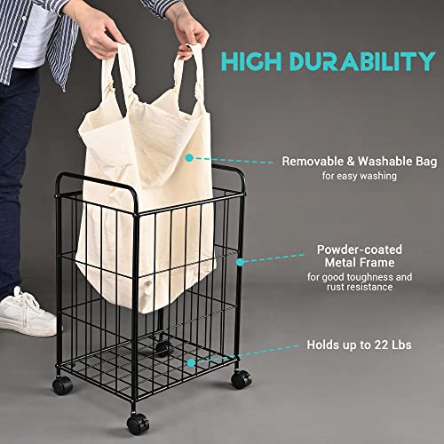 Aquaterior Laundry Hamper Basket with Rolling Lockable Wheels Clothes Storage Bin Rolling Cart Industrial Style Small Space for Home Bathroom 15.56"L x 11.81"W x 23.63"H