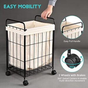 Aquaterior Laundry Hamper Basket with Rolling Lockable Wheels Clothes Storage Bin Rolling Cart Industrial Style Small Space for Home Bathroom 15.56"L x 11.81"W x 23.63"H