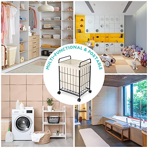 Aquaterior Laundry Hamper Basket with Rolling Lockable Wheels Clothes Storage Bin Rolling Cart Industrial Style Small Space for Home Bathroom 15.56"L x 11.81"W x 23.63"H