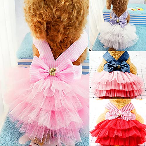 Small Female Dog Sweater Stripe Puppy Princess Dog Clothes Bubble Fashion Dress Lace Dog Dresses Pet Striped Skirt Mesh Pet Clothes Dog Sweater Girl Large