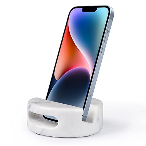 CHISELED ST DF SK Elegant and Versatile White Marble Phone Stand with Sound Amplification Round Phone Holder Function for Desk,Kitchen,Bathroom,and Bedside