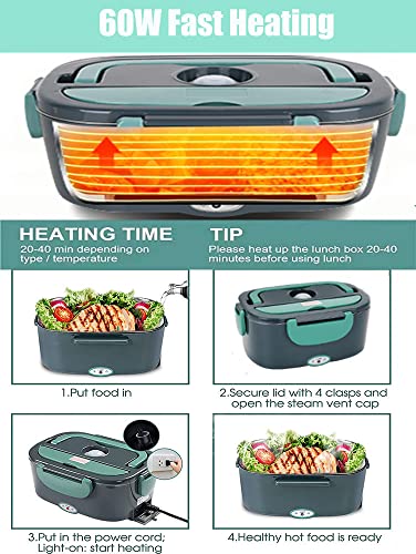 Vegoran Electric Lunch Box Food Heater,2 in 1 Portable Faster Food Warmer with 1.5L Removable Stainless Steel Container for Car/Truck/Home Work Adults, 12v/24v/110v/60w (Dark Green)