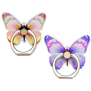 2 pcs butterfly cell phone ring holder finger ring grip stand 360° rotation cute butterfly pattern painted metal finger stand kickstand compatible with smartphone tablet e-reader etc