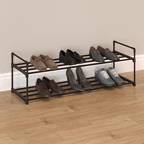 Home-Complete Rack 2-Tier Shoe Organizer for Closet, Bathroom, Entryway – Shelf Holds 10 Pairs of Sneakers, Heels, and Boots, Black