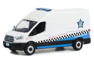 greenlight 53050-b route runners series 5 - 2019 transit lwb high roof - cpd chicago police we serve & protect 1:64 scale diecast