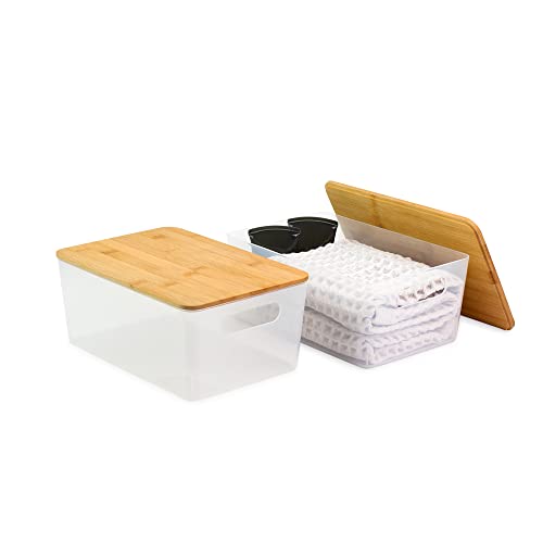 Isaac Jacobs 2-Pack Storage Bin Set w/Cut-Out Handles and Bamboo Lid, Plastic Organizers for Home, Pantry, Kitchen, Closet, Office, Home Décor, BPA Free, Food Safe (Medium, Clear)