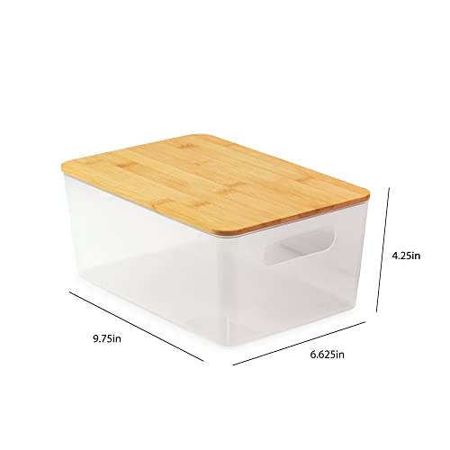 Isaac Jacobs 2-Pack Storage Bin Set w/Cut-Out Handles and Bamboo Lid, Plastic Organizers for Home, Pantry, Kitchen, Closet, Office, Home Décor, BPA Free, Food Safe (Medium, Clear)