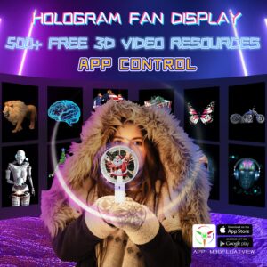 ainsko 3d hologram fan-app control programmable holographic 3d display portable personal fan battery operated, rechargeable holofan for kids girls women men party holiday