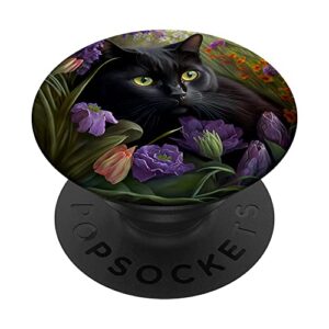 black adorable cat in purple spring flowers field popsockets swappable popgrip