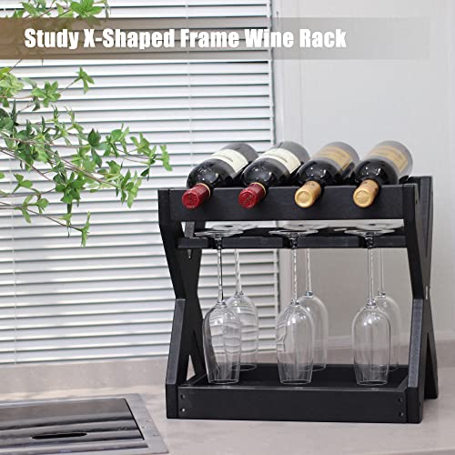 KORVOS Countertop Wine Racks with Glass Holder，4 Bottles Small Wine Rack,High-Density PE Tabletop Wine Bottle Holder for Kitchen, Living Room, Wine Cellar,Bar(Black Color)