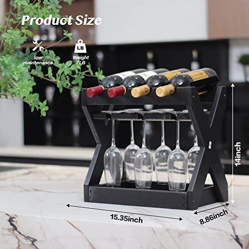 KORVOS Countertop Wine Racks with Glass Holder，4 Bottles Small Wine Rack,High-Density PE Tabletop Wine Bottle Holder for Kitchen, Living Room, Wine Cellar,Bar(Black Color)