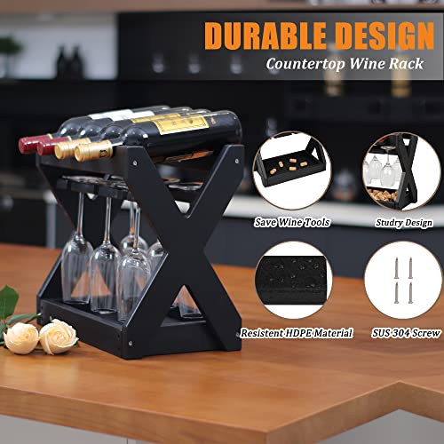 KORVOS Countertop Wine Racks with Glass Holder，4 Bottles Small Wine Rack,High-Density PE Tabletop Wine Bottle Holder for Kitchen, Living Room, Wine Cellar,Bar(Black Color)