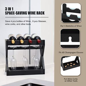 KORVOS Countertop Wine Racks with Glass Holder，4 Bottles Small Wine Rack,High-Density PE Tabletop Wine Bottle Holder for Kitchen, Living Room, Wine Cellar,Bar(Black Color)