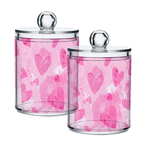 MNSRUU 2 Pack Qtip Holder Organizer Dispenser Pink Hearts Bathroom Storage Canister Cotton Ball Holder Bathroom Containers for Cotton Swabs/Pads/Floss