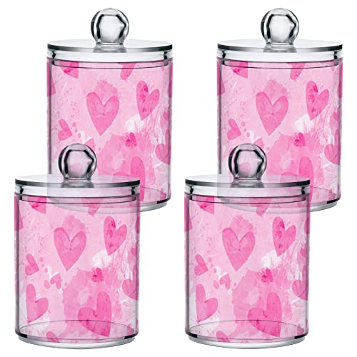 MNSRUU 2 Pack Qtip Holder Organizer Dispenser Pink Hearts Bathroom Storage Canister Cotton Ball Holder Bathroom Containers for Cotton Swabs/Pads/Floss