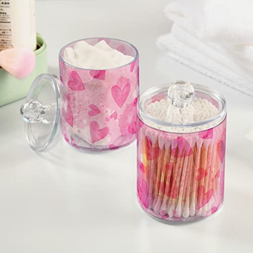 MNSRUU 2 Pack Qtip Holder Organizer Dispenser Pink Hearts Bathroom Storage Canister Cotton Ball Holder Bathroom Containers for Cotton Swabs/Pads/Floss