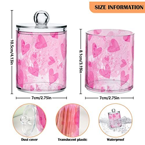 MNSRUU 2 Pack Qtip Holder Organizer Dispenser Pink Hearts Bathroom Storage Canister Cotton Ball Holder Bathroom Containers for Cotton Swabs/Pads/Floss