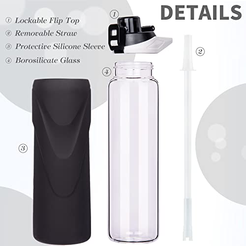 DEARRAY 32 oz Sports Glass Water Bottle with Straw & Silicone Sleeve Reusable BPA-free Borosilicate Glass Drinking Bottle with Flip Top Lid & Handle Wide Mouth (Deep Black)