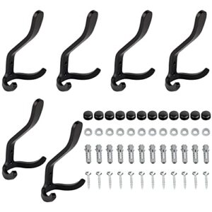 6pcs double prong coat hooks hardware, towel hooks wall mounted with 12 screws, metal hooks for hanging coats, towel, hat, key, bag, black