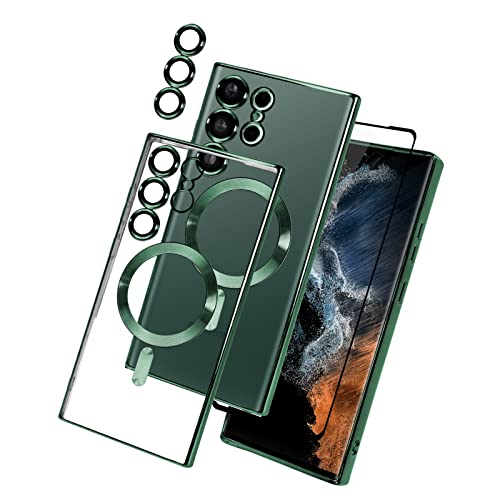 BITOBE Compatible with Samsung Galaxy S23 Ultra Plating Magnetic Case with Camera Lens Protector Magnetic Cover Soft TPU Clear Body Slim Fit Shockproof Case for Samsung Galaxy S23 Ultra-Green