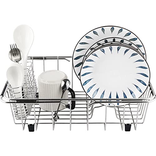 Dish Drying Rack in Sink-Adjustable 15.35" to 20.59",304 Stainless Steel Expandable Dish Drainer Rack Organizer with Utensil Cutlery Holder expandable in sink dish drying rack for Kitchen Counter