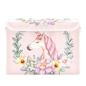 Kigai Valentine Unicorn Flower Lidded Home Storage Bins, Foldable Storage Basket with Double Handle, Flip-Top Storage Box for Toys Clothes Documents