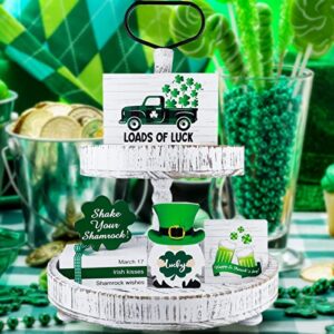 st patricks day tiered tray decor set, 7 pieces thick wooden lucky shamrock mini sign farmhouse rustic table ornaments for home decor kitchen table decoration, housewarming gift [tray not included]