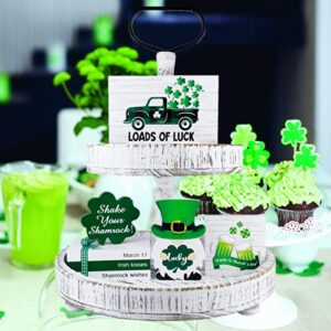 St Patricks Day Tiered Tray Decor Set, 7 Pieces Thick Wooden Lucky Shamrock Mini Sign Farmhouse Rustic Table Ornaments for Home Decor Kitchen Table Decoration, Housewarming Gift [Tray Not Included]