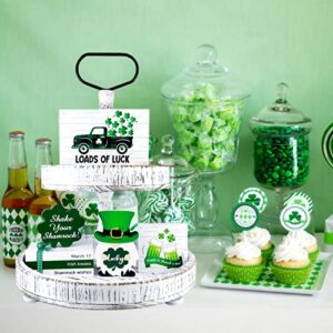 St Patricks Day Tiered Tray Decor Set, 7 Pieces Thick Wooden Lucky Shamrock Mini Sign Farmhouse Rustic Table Ornaments for Home Decor Kitchen Table Decoration, Housewarming Gift [Tray Not Included]