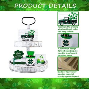 St Patricks Day Tiered Tray Decor Set, 7 Pieces Thick Wooden Lucky Shamrock Mini Sign Farmhouse Rustic Table Ornaments for Home Decor Kitchen Table Decoration, Housewarming Gift [Tray Not Included]