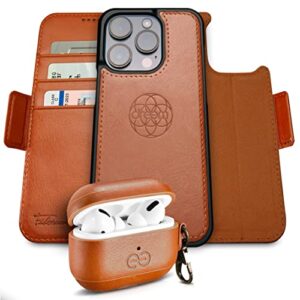 dreem bundle: fibonacci wallet-case for iphone 14 pro max with om airpods pro case cover - caramel