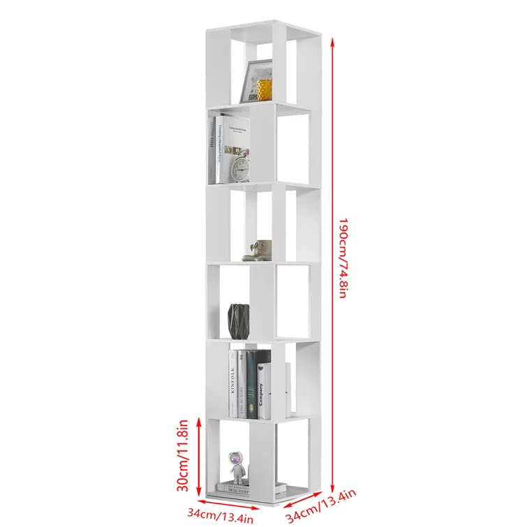 Rotating Bookshelf,6 Tier 360 Floor Standing Revolving Bookcase Storage Rack,Wood Narrow Bookshelf for Small Space,Corner Book Shelf Organizer for Bedroom, Living Room (White)