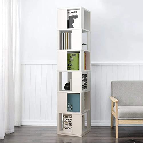 Rotating Bookshelf,6 Tier 360 Floor Standing Revolving Bookcase Storage Rack,Wood Narrow Bookshelf for Small Space,Corner Book Shelf Organizer for Bedroom, Living Room (White)