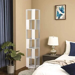 Rotating Bookshelf,6 Tier 360 Floor Standing Revolving Bookcase Storage Rack,Wood Narrow Bookshelf for Small Space,Corner Book Shelf Organizer for Bedroom, Living Room (White)