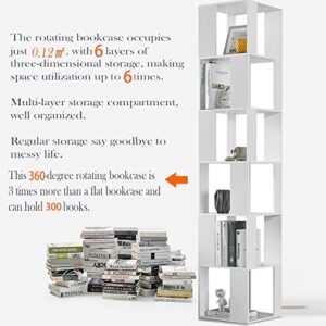 Rotating Bookshelf,6 Tier 360 Floor Standing Revolving Bookcase Storage Rack,Wood Narrow Bookshelf for Small Space,Corner Book Shelf Organizer for Bedroom, Living Room (White)