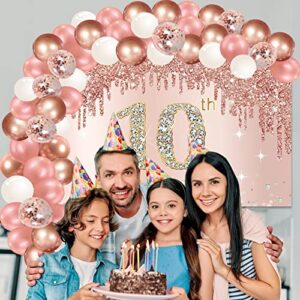 Happy 10th Birthday Banner Backdrop Decorations with Confetti Balloon Garland Arch, Rose Gold 10 Birthday Banner Balloon Set for Girls, Pink 10 Year Old Bday Poster Photo Booth Decor